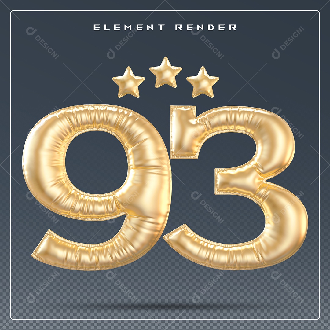 Elemento 3D Número 93 Dourado para Composição PSD