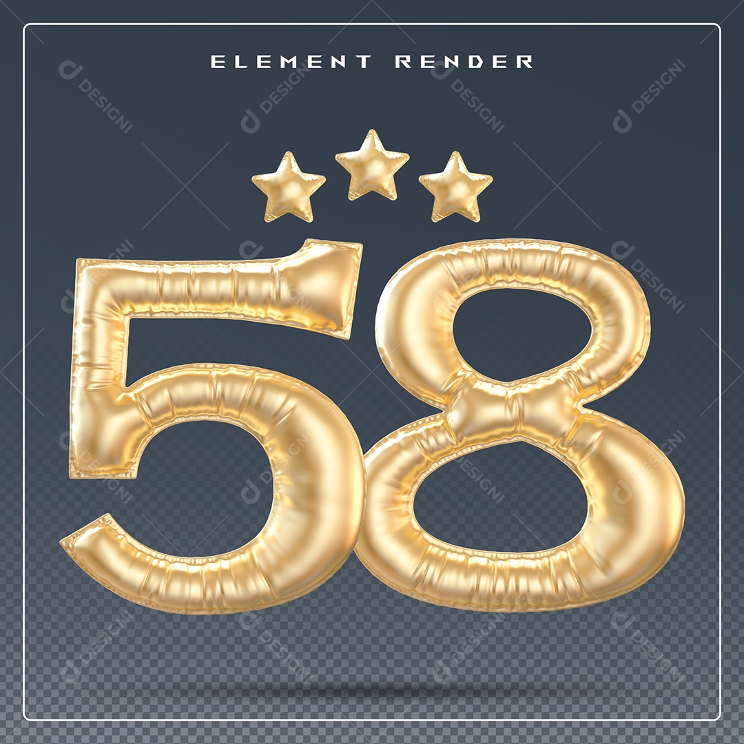Elemento 3D Número 58 Dourado para Composição PSD