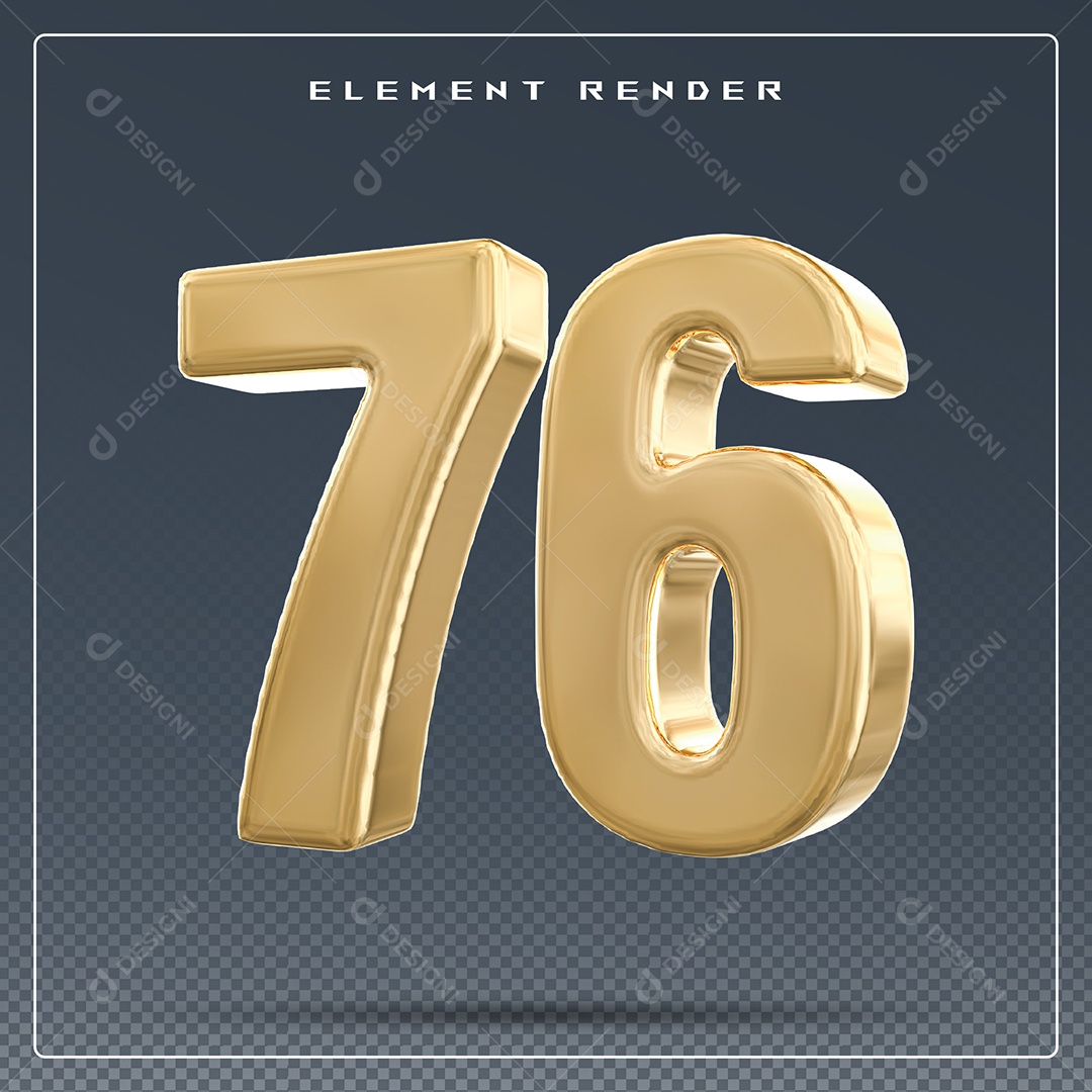 Elemento 3D Número 76 Dourado para Composição PSD