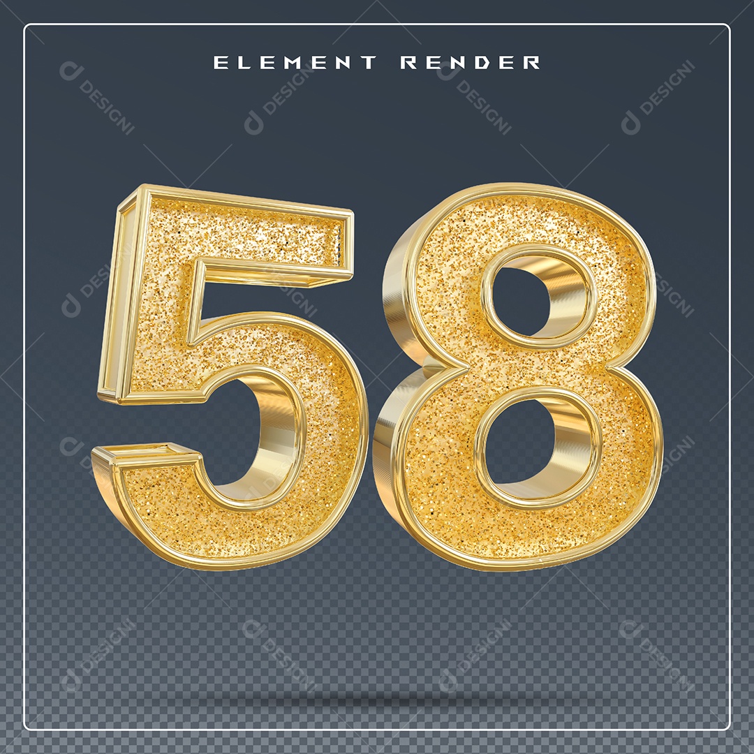 Elemento 3D Número 58 Dourado para Composição PSD