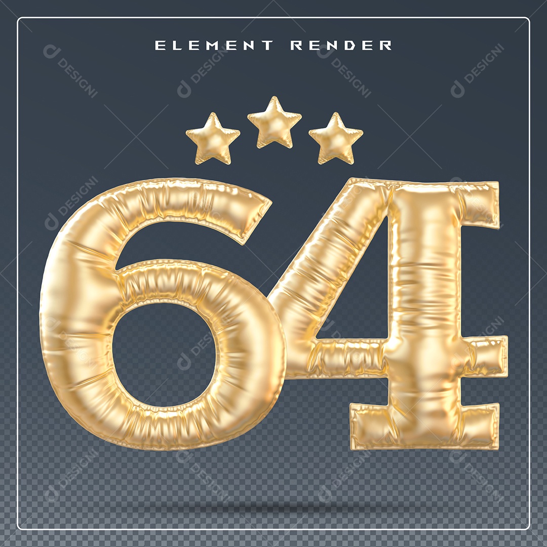 Elemento 3D Número 64 Dourado para Composição PSD