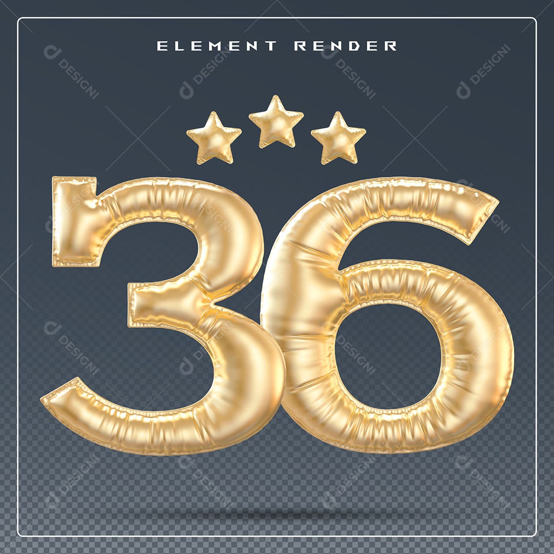 Elemento 3D Número 36 Dourado para Composição PSD