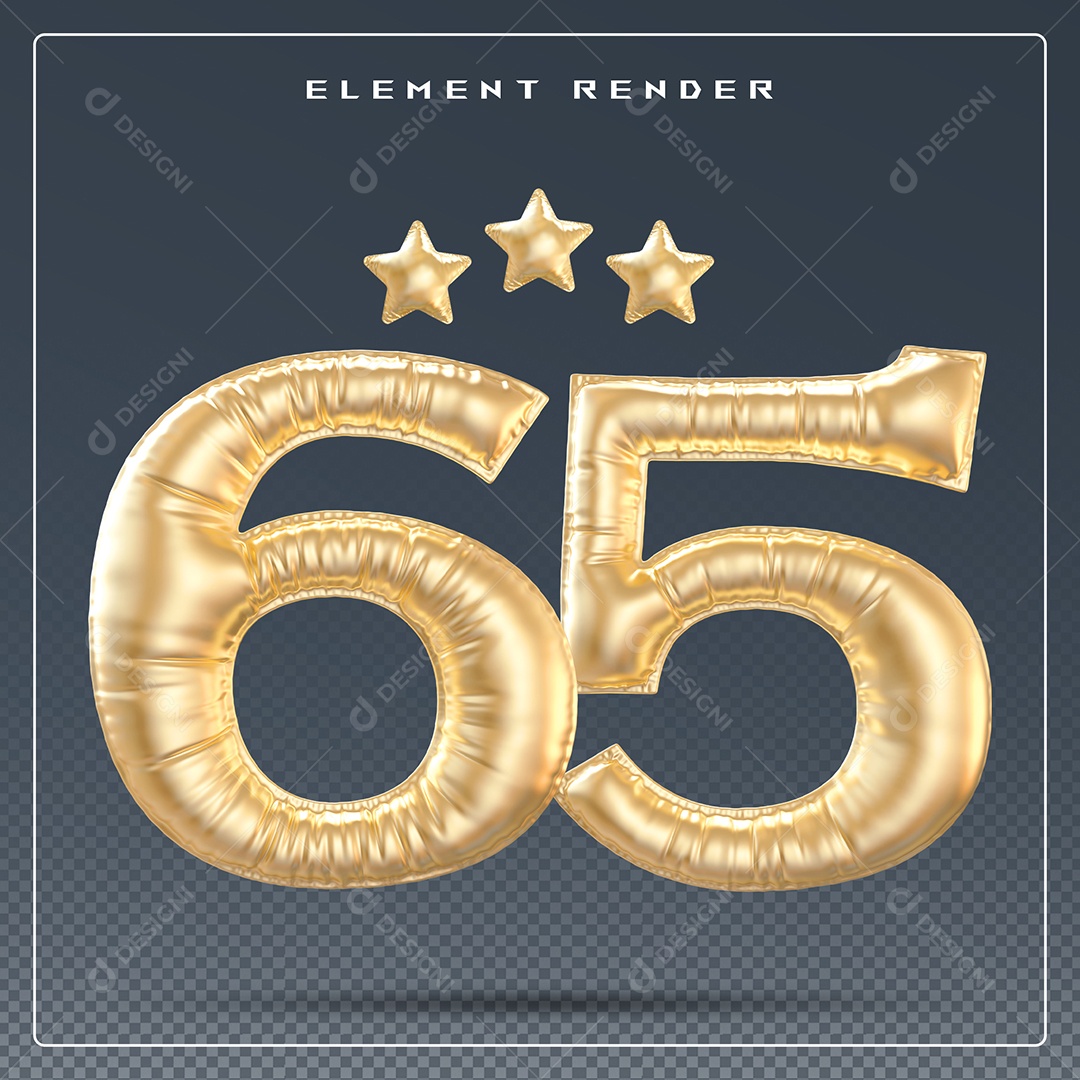 Elemento 3D Número 65 Dourado para Composição PSD