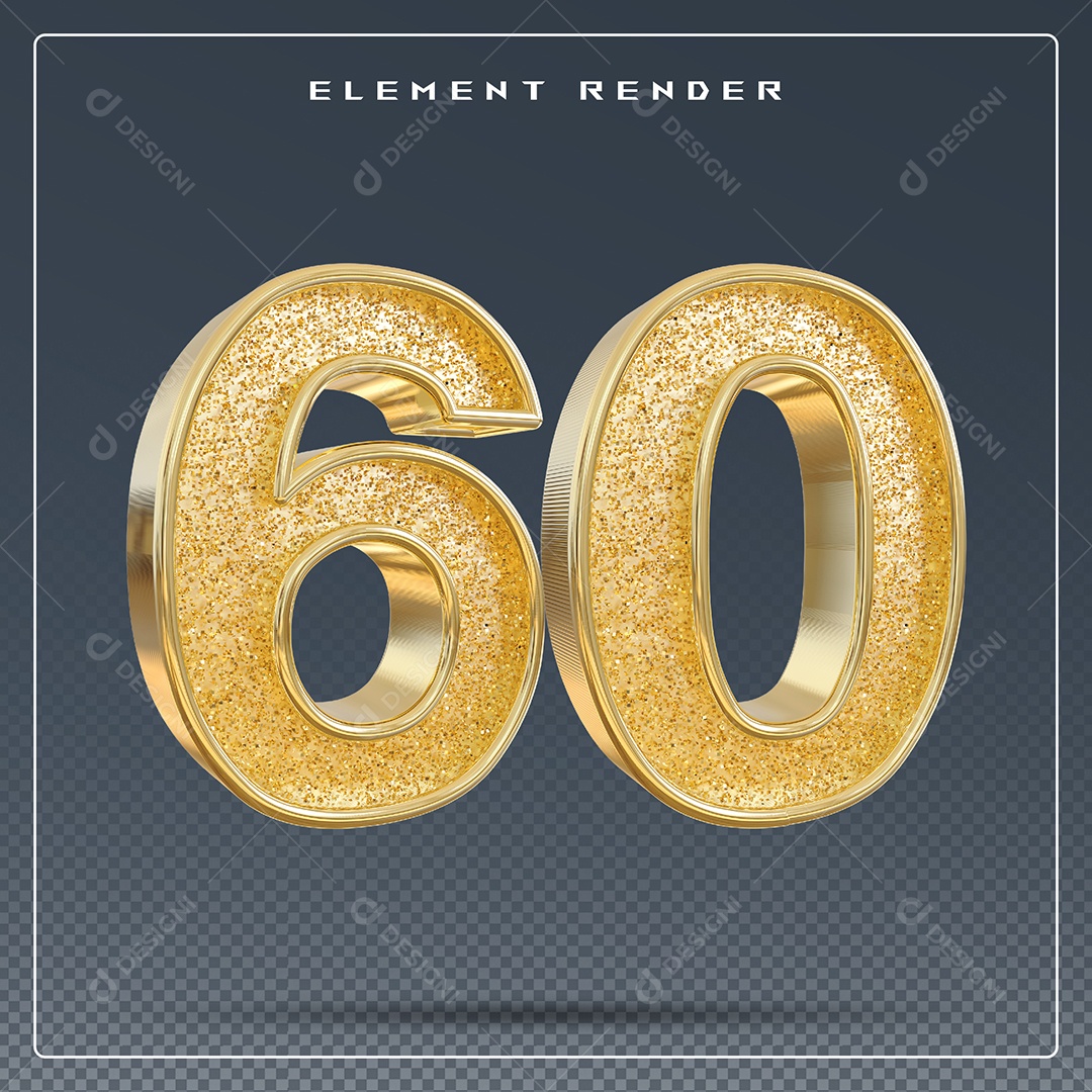 Elemento 3D Número 60 Dourado para Composição PSD