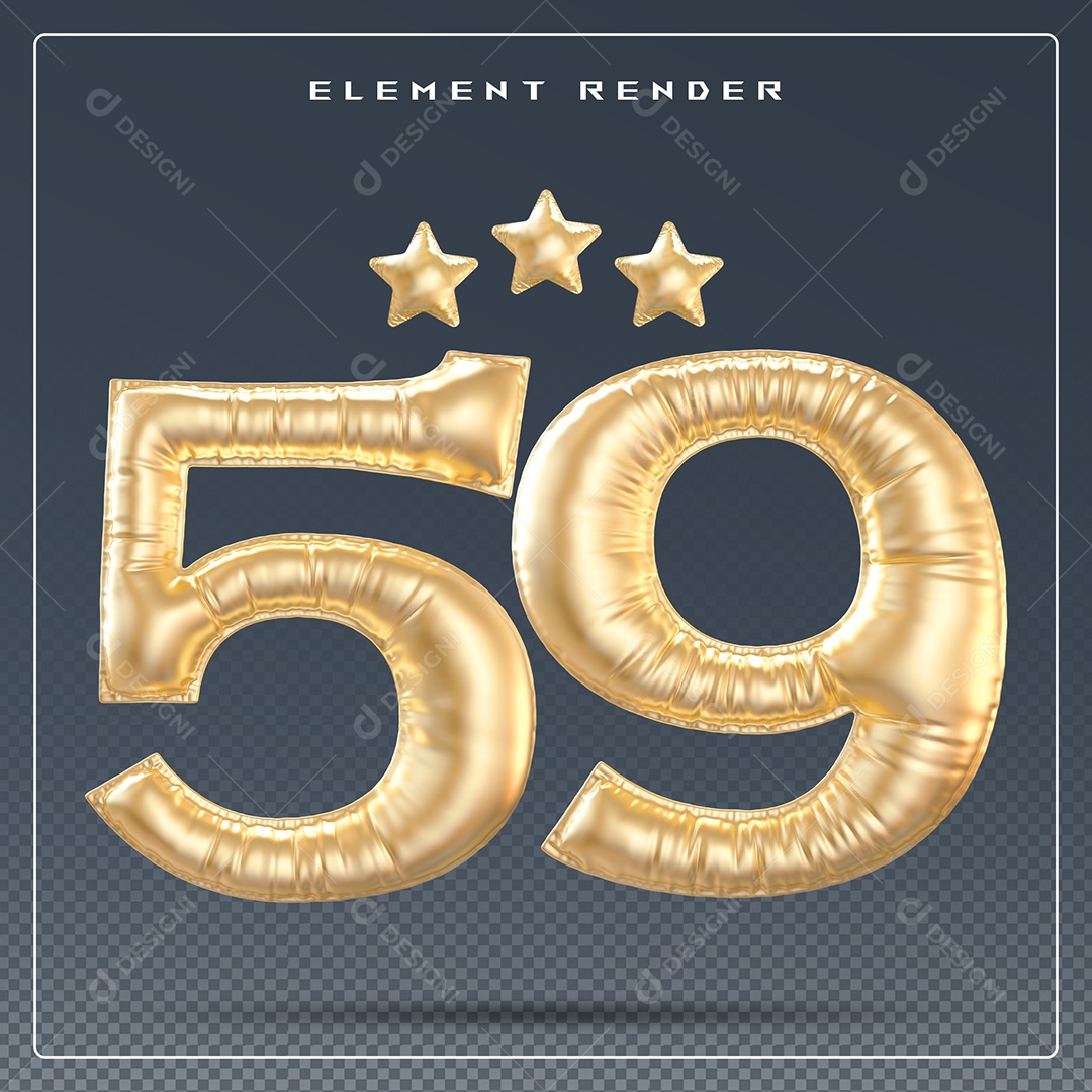 Elemento 3D Número 59 Dourado para Composição PSD