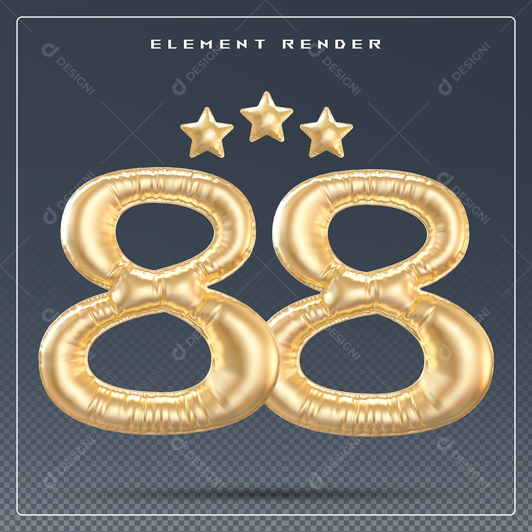 Elemento 3D Número 88 Dourado para Composição PSD