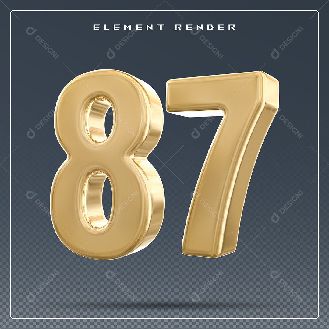 Elemento 3D Número 87 Dourado para Composição PSD