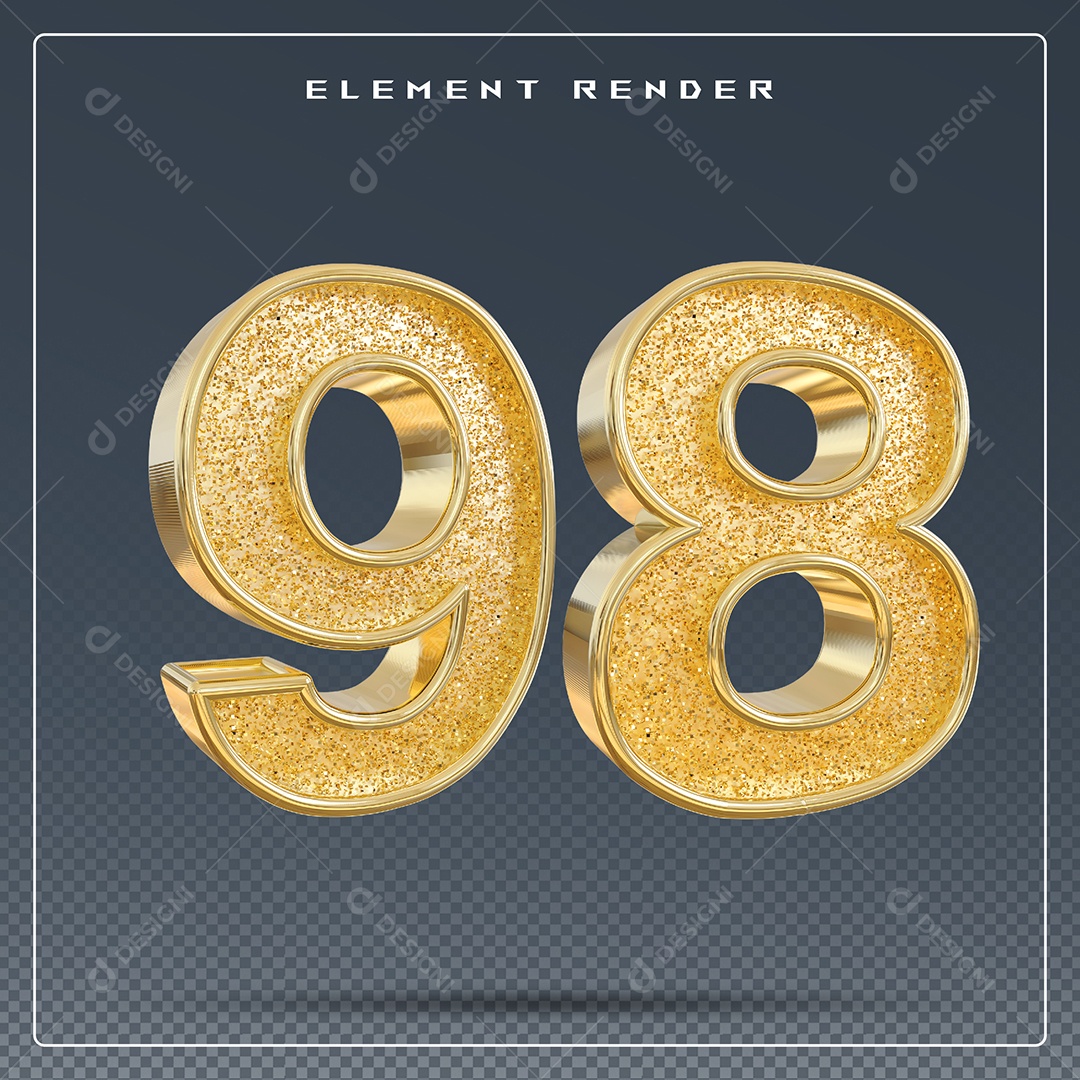 Elemento 3D Número 98 Dourado para Composição PSD