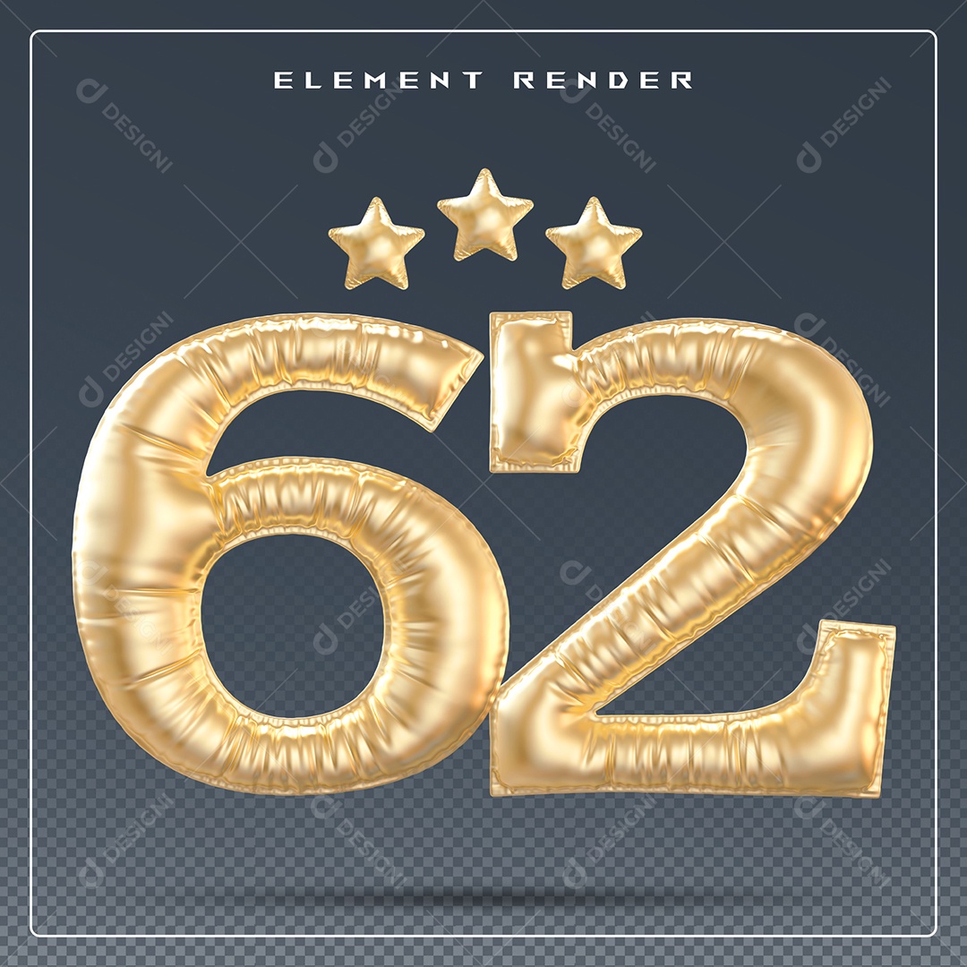 Elemento 3D Número 62 Cinza para Composição PSD