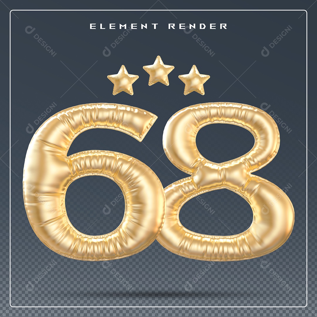 Elemento 3D Número 68 Dourado para Composição PSD