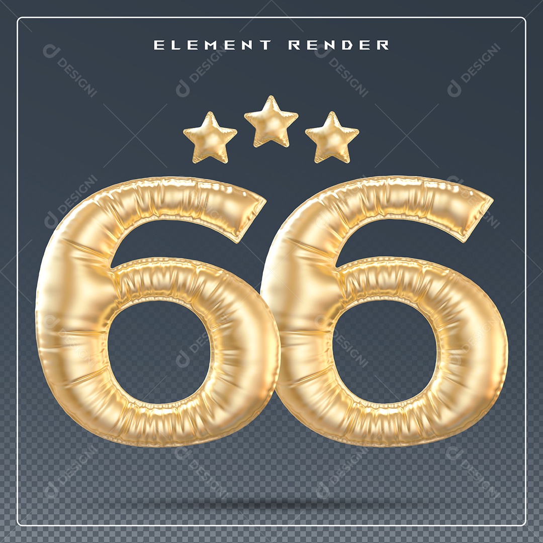 Elemento 3D Número 66 Dourado para Composição PSD