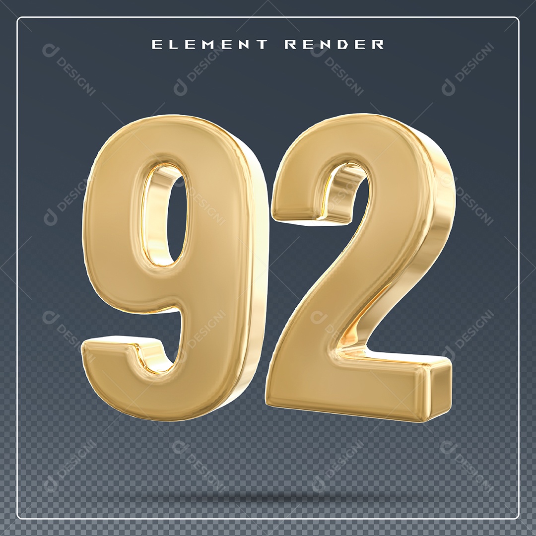 Elemento 3D Número 92 Dourado para Composição PSD