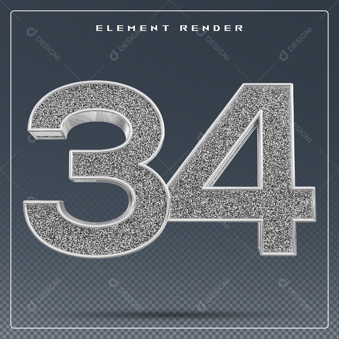 Elemento 3D Número 34 Cinza para Composição PSD