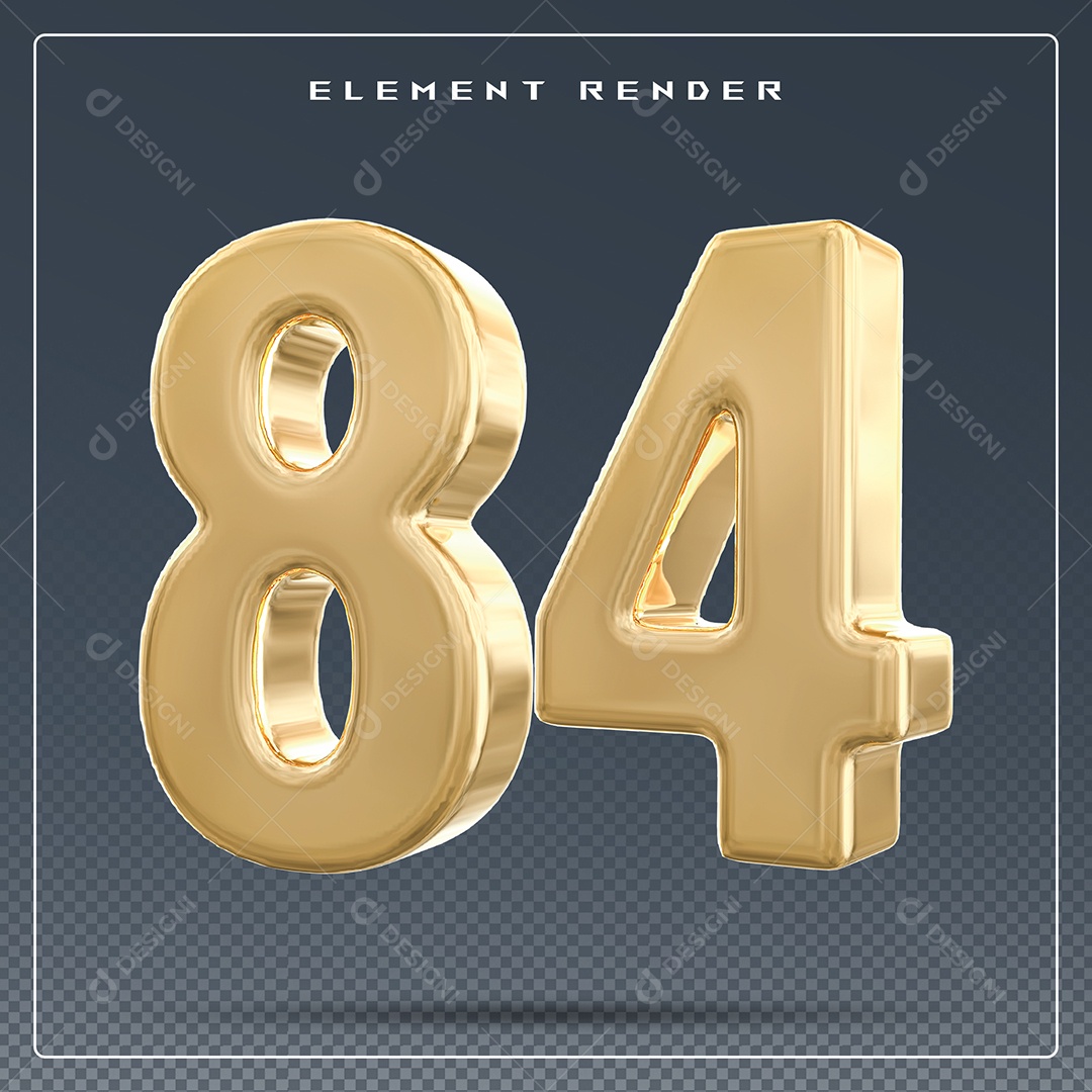 Elemento 3D Número 84 Dourado para Composição PSD