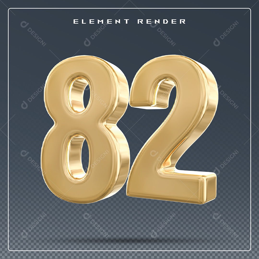 Elemento 3D Número 82 Dourado para Composição PSD