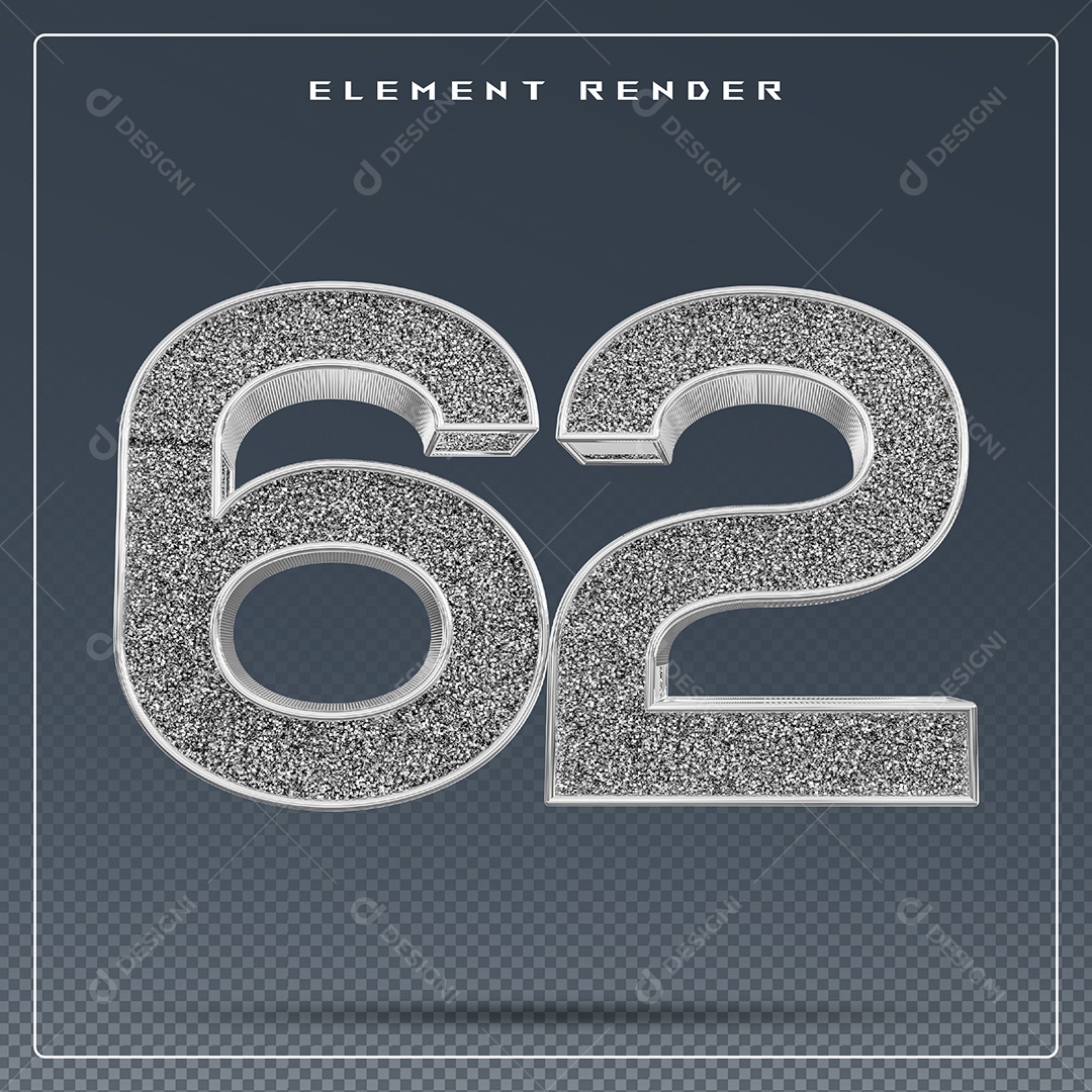Elemento 3D Número 62 Cinza para Composição PSD