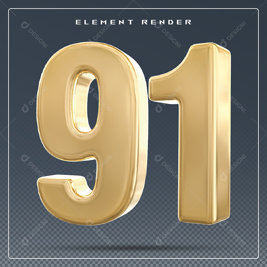 Elemento 3D Número 91 Dourado para Composição PSD