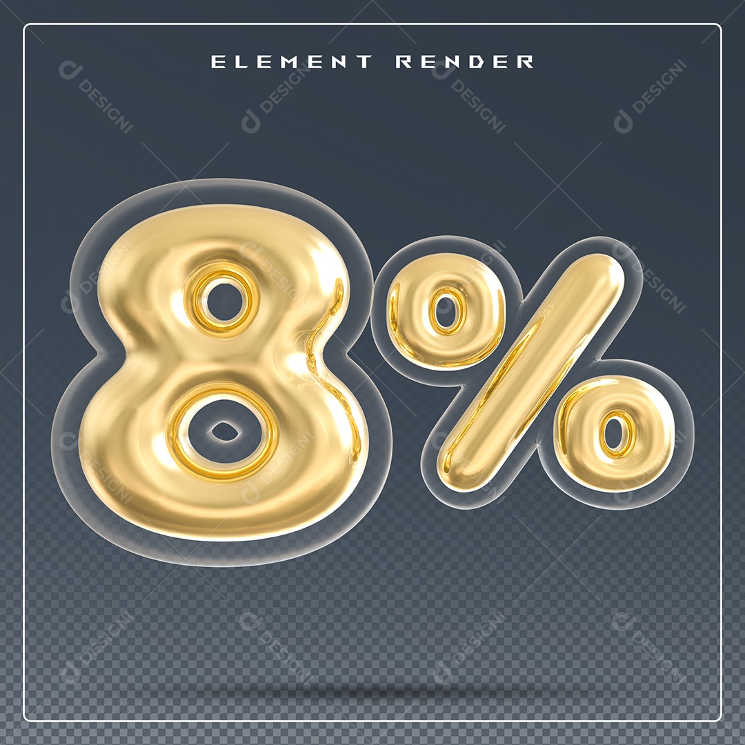 Elemento 3D Número 8% Dourado para Composição PSD
