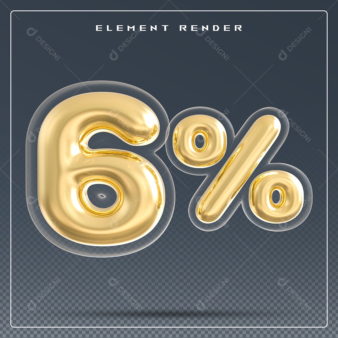 Elemento 3D Número 6% Dourado para Composição PSD