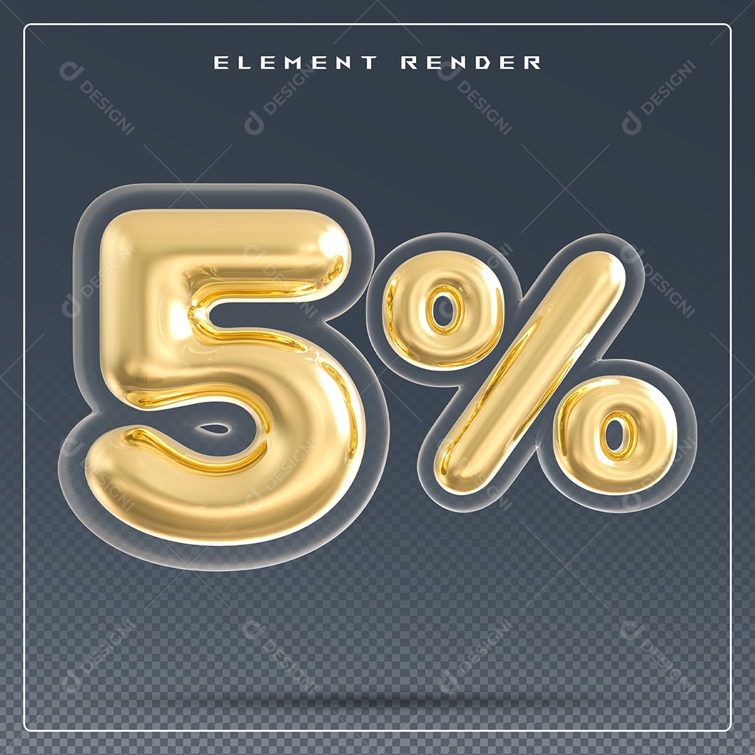 Elemento 3D Número 5% Dourado para Composição PSD