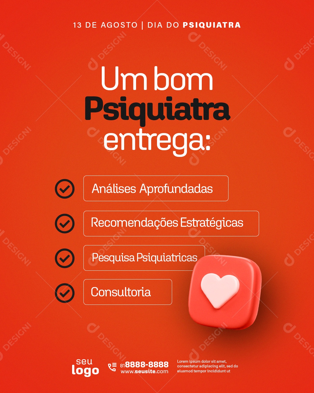 Dia do Médico Psiquiatra 13 de Agosto Ajuda a Mente Ficar Leve Social Media PSD Editável