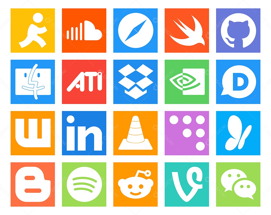 Pacote de 20 Ícones de Mídia Social Colorido Ilustração Vetor EPS