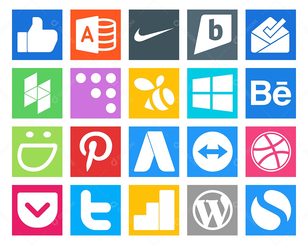 Pacote de 20 Ícones de Mídia Social Colorido Ilustração Vetor EPS