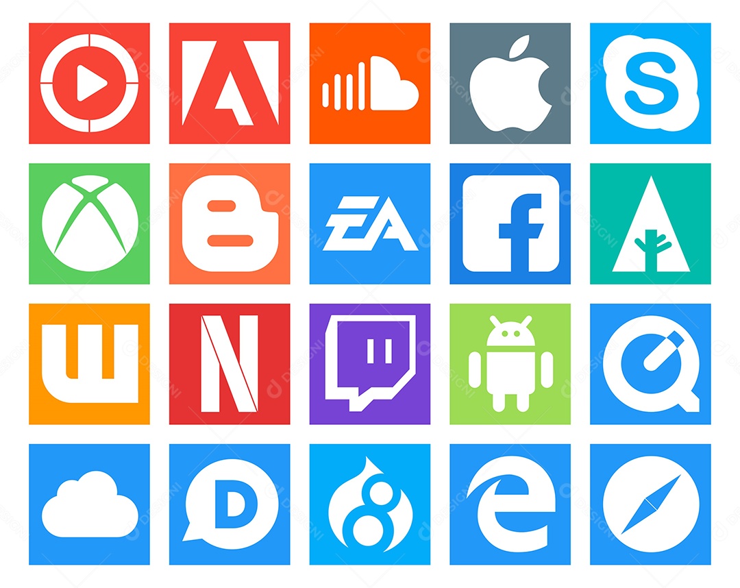 Pacote de 20 Ícones de Mídia Social Colorido Ilustração Vetor EPS