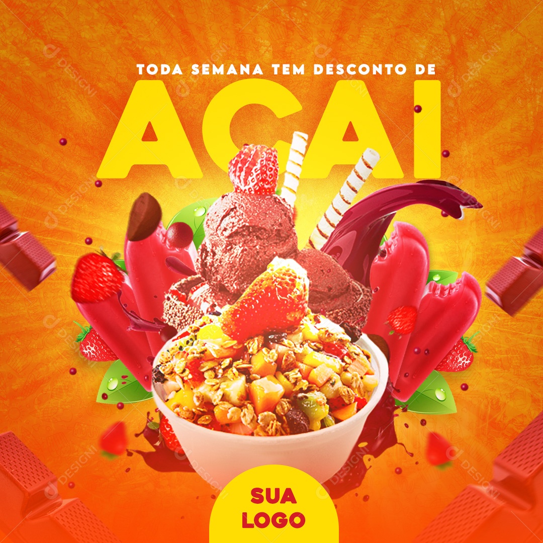 Açaiteria Todo Semana Tem Desconto de Açaí Social Media PSD Editável