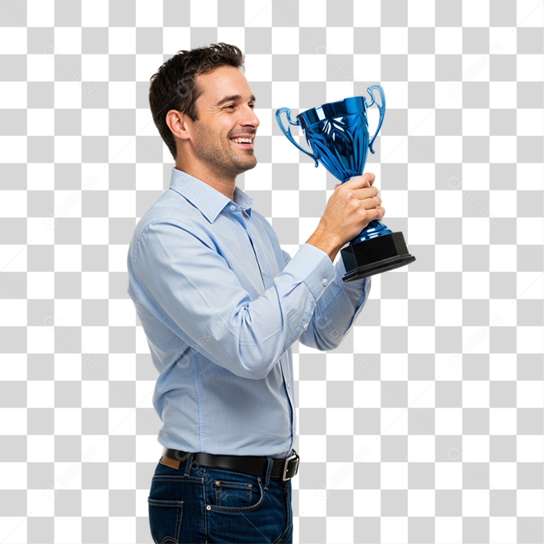 Homem com Troféu Azul Novembro Azul PNG Transparente