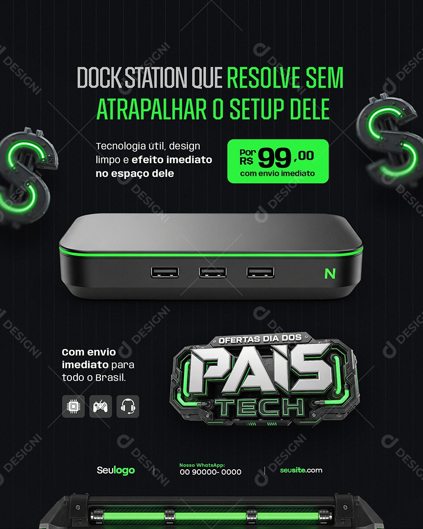 Dia Dos Pais DockStation Que Resolve Sem Atrapalhar o Setup Dele Social Media PSD Editável