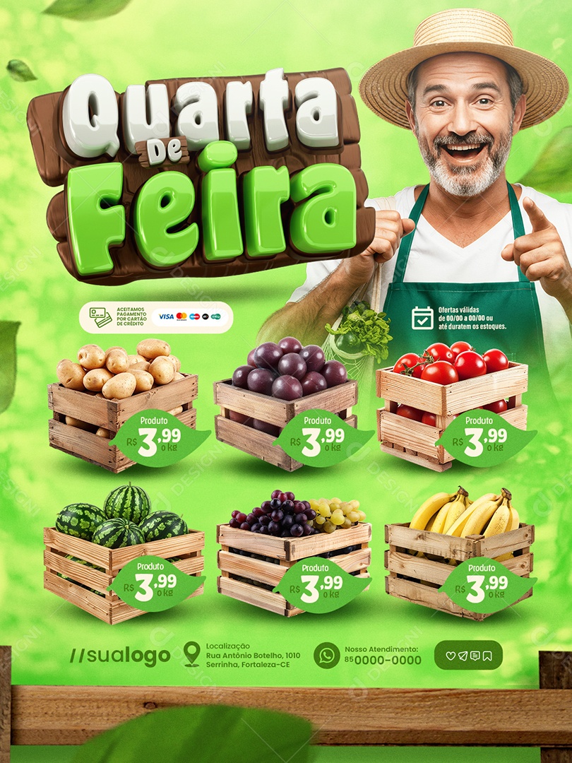 Quarta da Feira Batata Melancia Tomate Uva Banana Prata e Ameixa Social Media PSD Editável