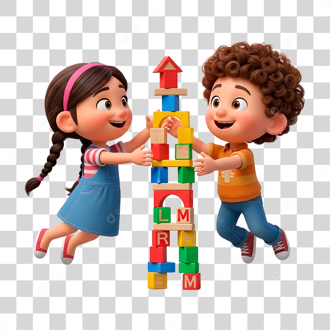 Personagem Crianças Brincando com Pecinhas PNG Transparente