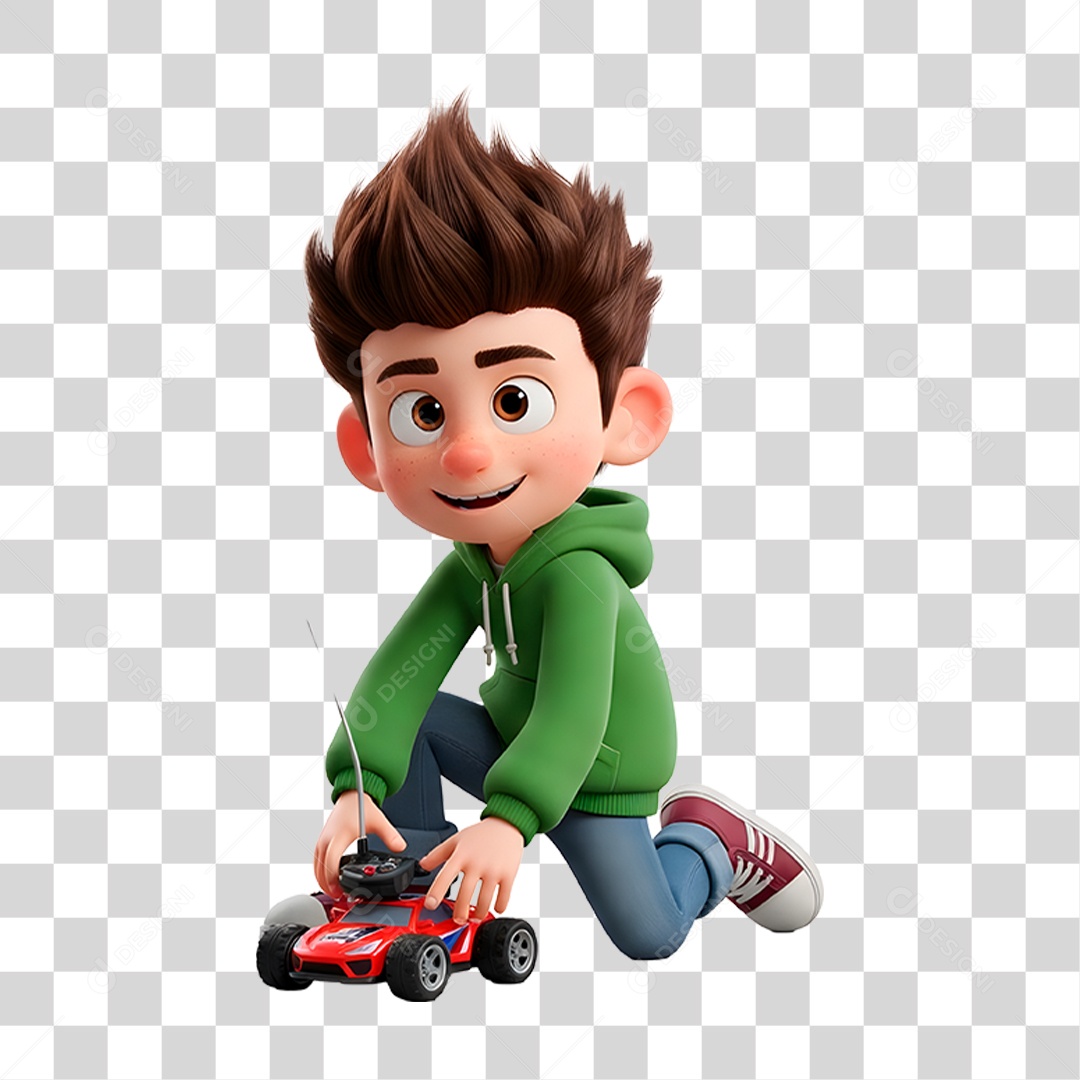 Personagem Criança Brincando com Carrinho de Controle Remoto PNG Transparente