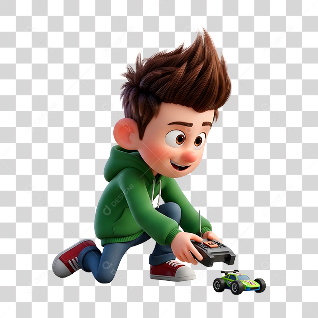 Personagem Criança Brincando com Carrinho de Controle Remoto PNG Transparente
