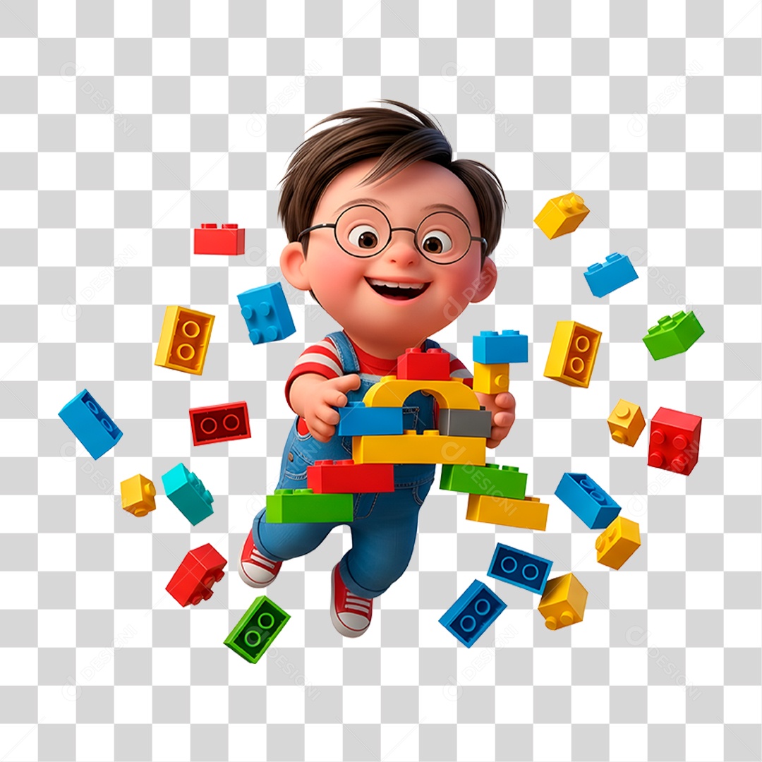 Personagem Criança Brincando com Pecinha de Lego PNG Transparente