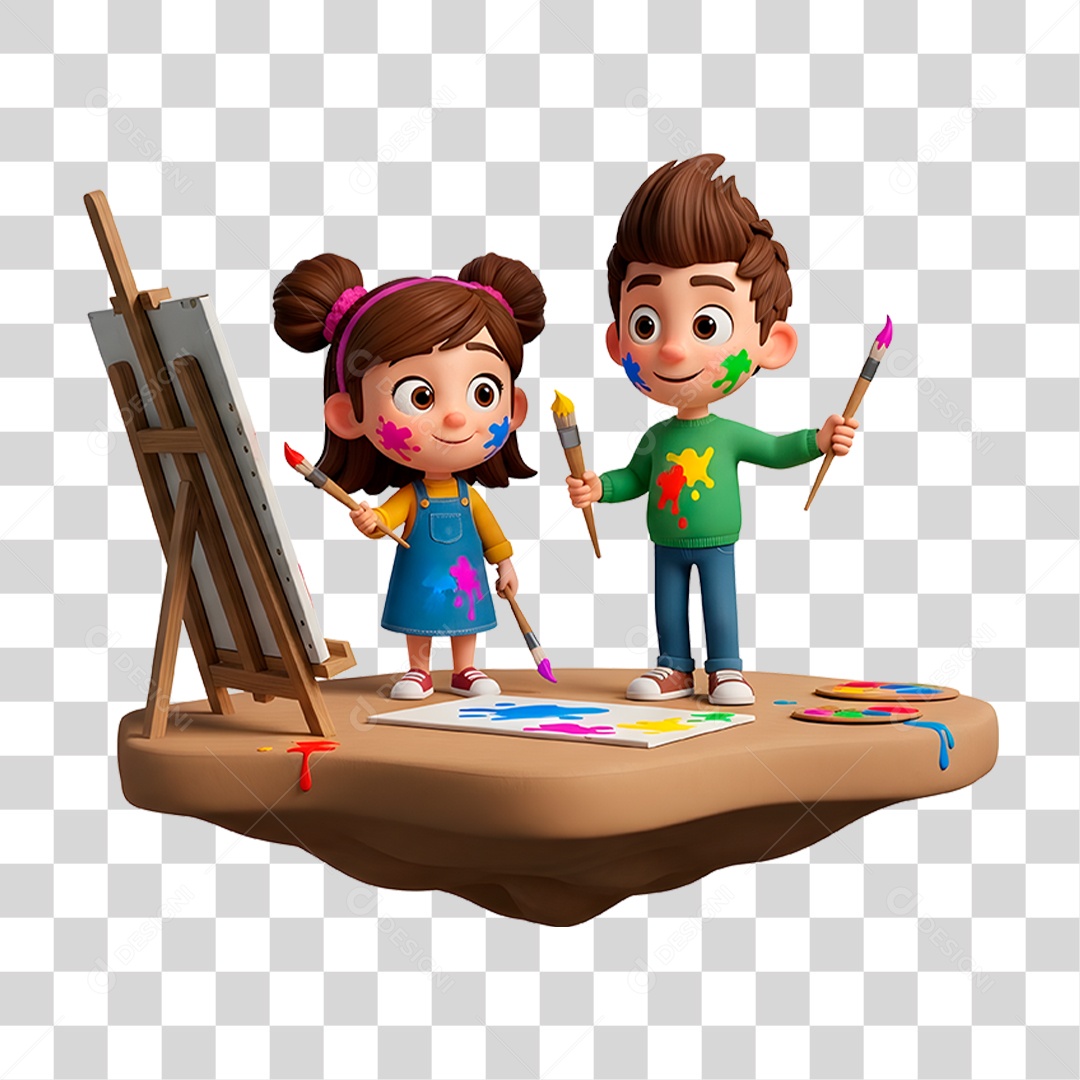 Personagem Crianças Pintando Quadro PNG Transparente