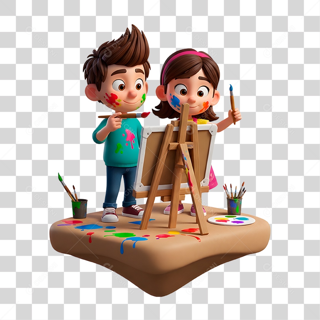 Personagem Crianças Pintando Quadro PNG Transparente