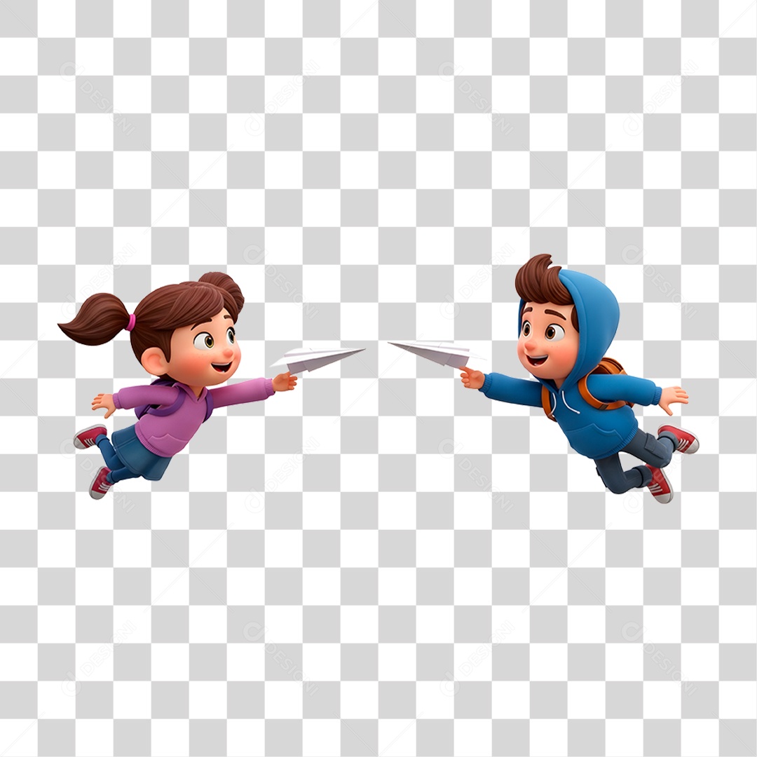 Personagem Crianças Brincando com Avião de Papel PNG Transparente