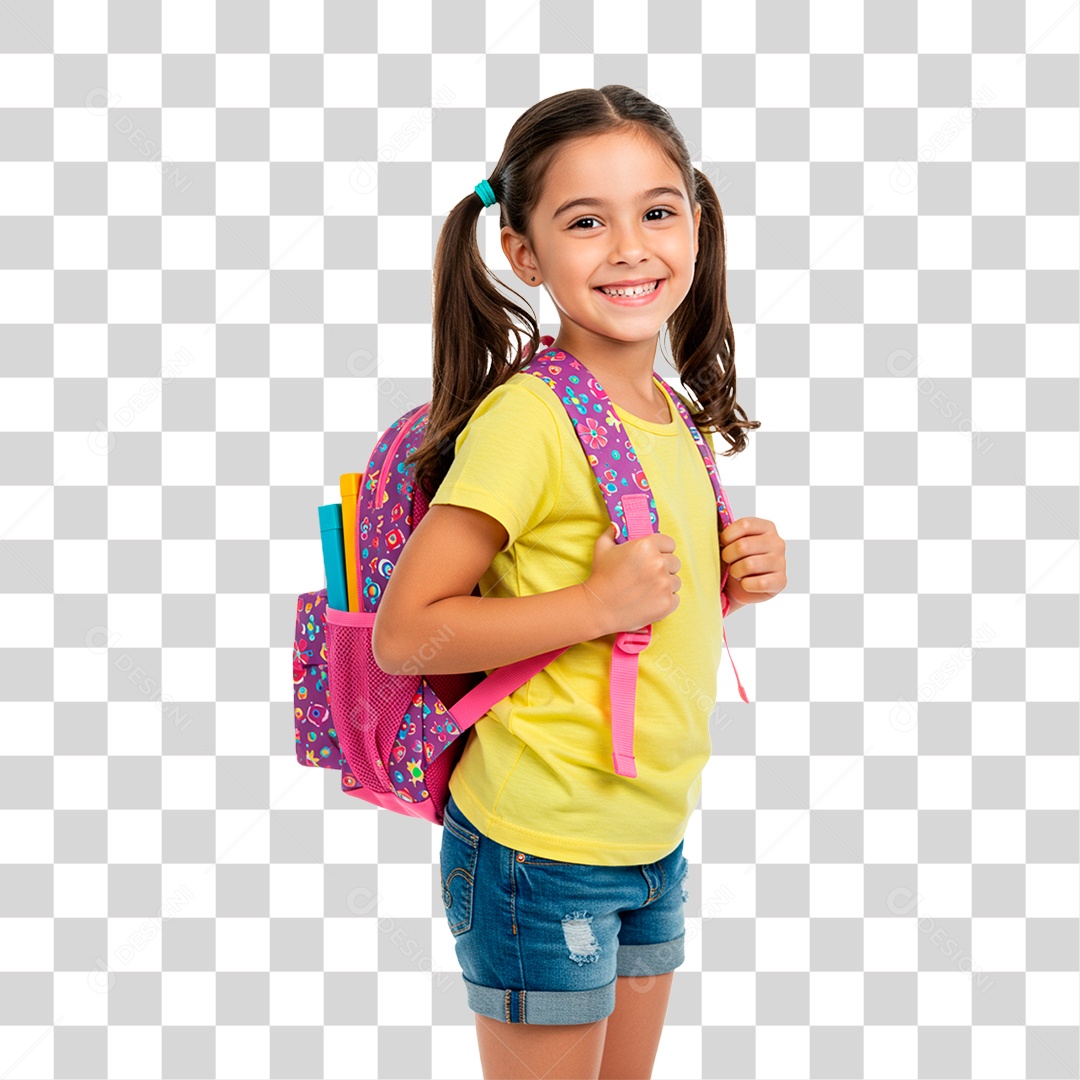 Menina com Mochila nas Costa PNG Transparente