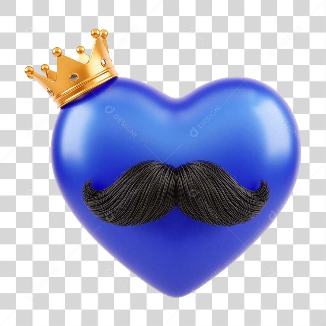 Coração Azul com Coroa e Bigode PNG Transparente