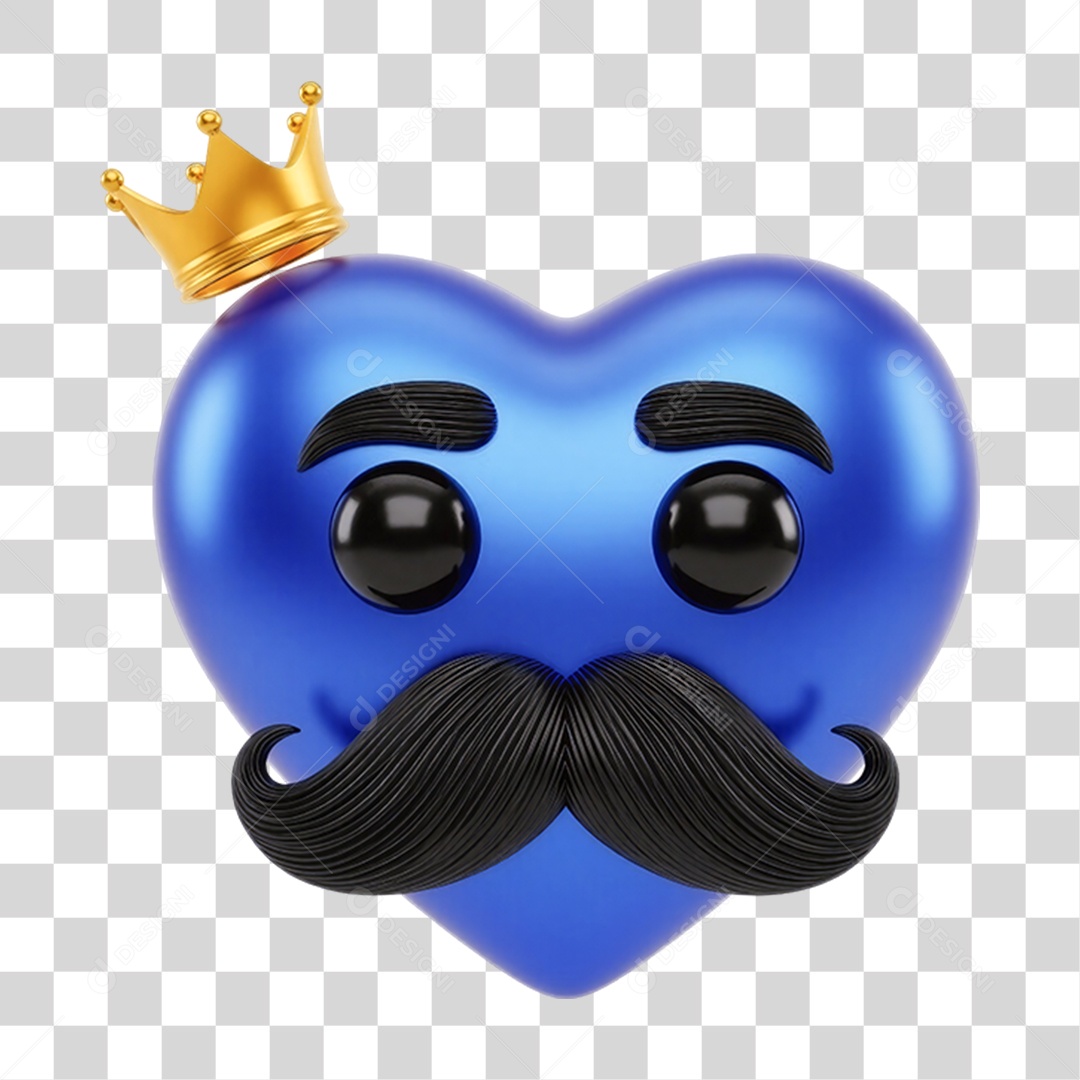 Coração Azul com Coroa e Bigode PNG Transparente