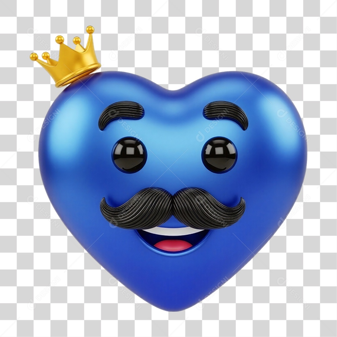 Coração Azul com Coroa e Bigode PNG Transparente