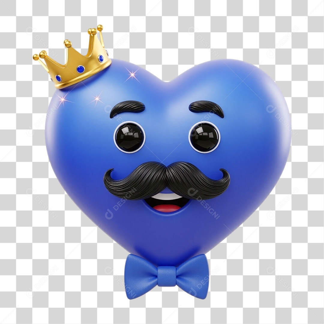 Coração Azul com Coroa e Bigode PNG Transparente