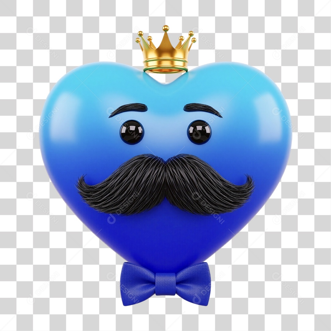 Coração Azul com Coroa e Bigode PNG Transparente