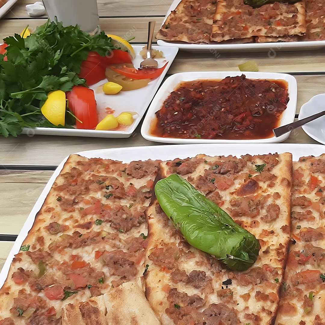 Iguaria turca que se assemelha a um pão sírio alongado com carne