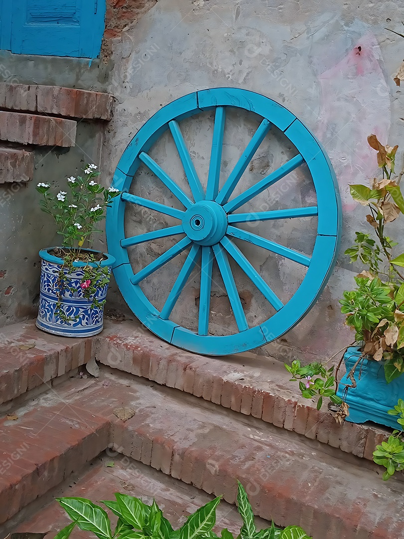 A imagem mostra uma roda de carro de boi, pintada de azul, utilizada como item decorativo.