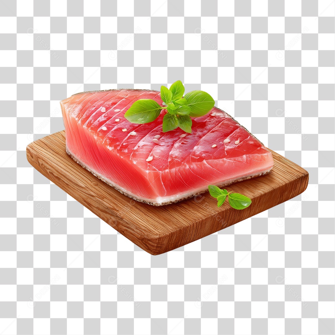 Corte de Peixe Atum em Tábua de Madeira PNG Transparente