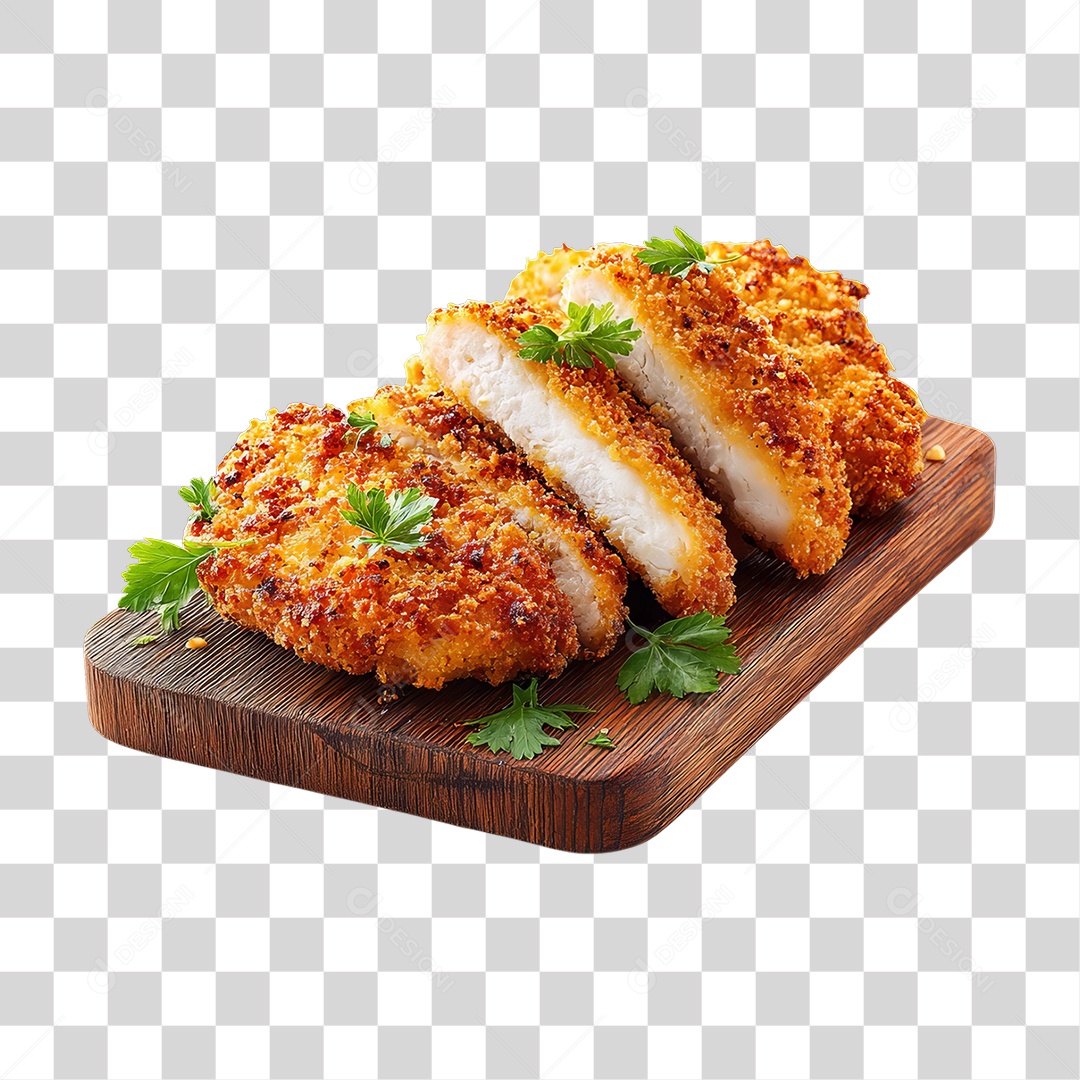 Frango Empanado em Tábua de Madeira PNG Transparente
