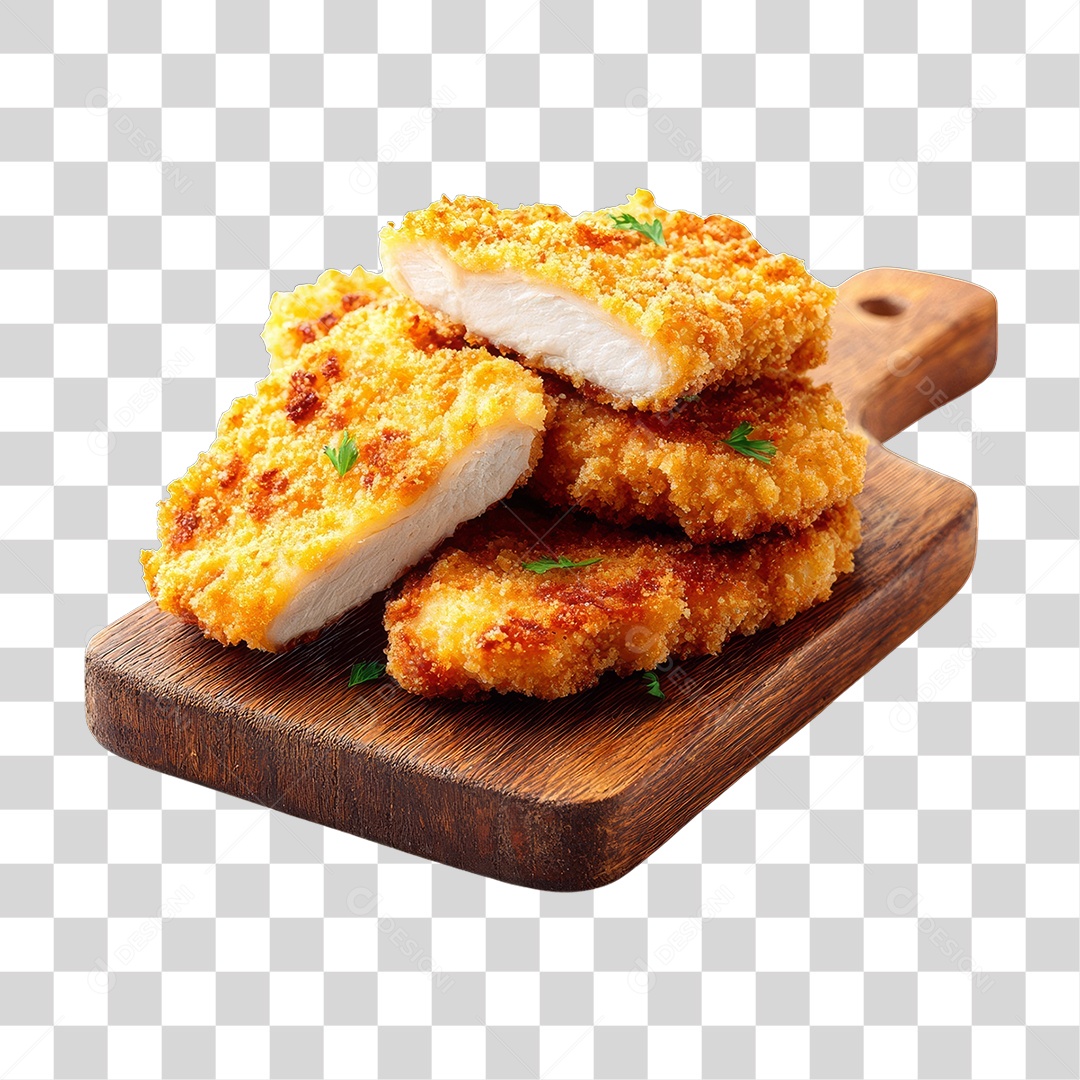 Frango Empanado em Tábua de Madeira PNG Transparente